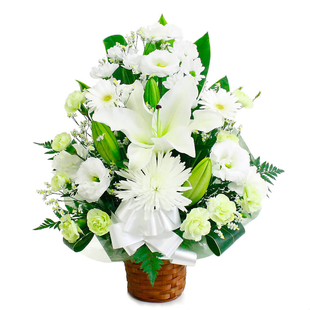 白を基調とした供花はご葬儀や四十九日までのお供え・各種お悔やみに最適です。