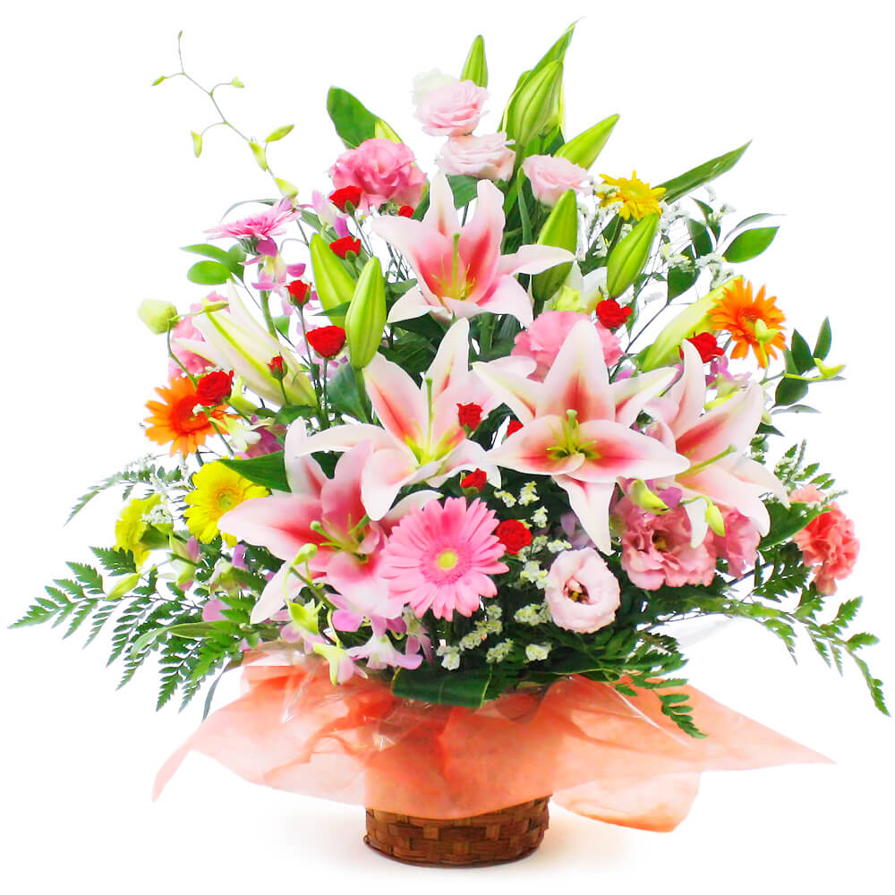 ピンクのユリの花をメインに、旬の花を取り合わせ、大きなアレンジに仕上げます。 アレンジなのでお届け先様に花瓶などのお手間をおかけすることがありません。