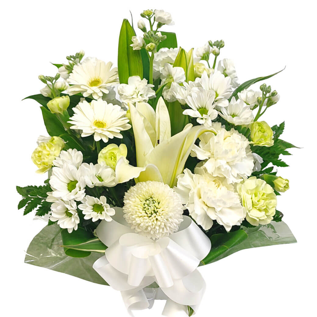 白を基調とした供花はご葬儀や四十九日までのお供え・各種お悔やみに最適です。