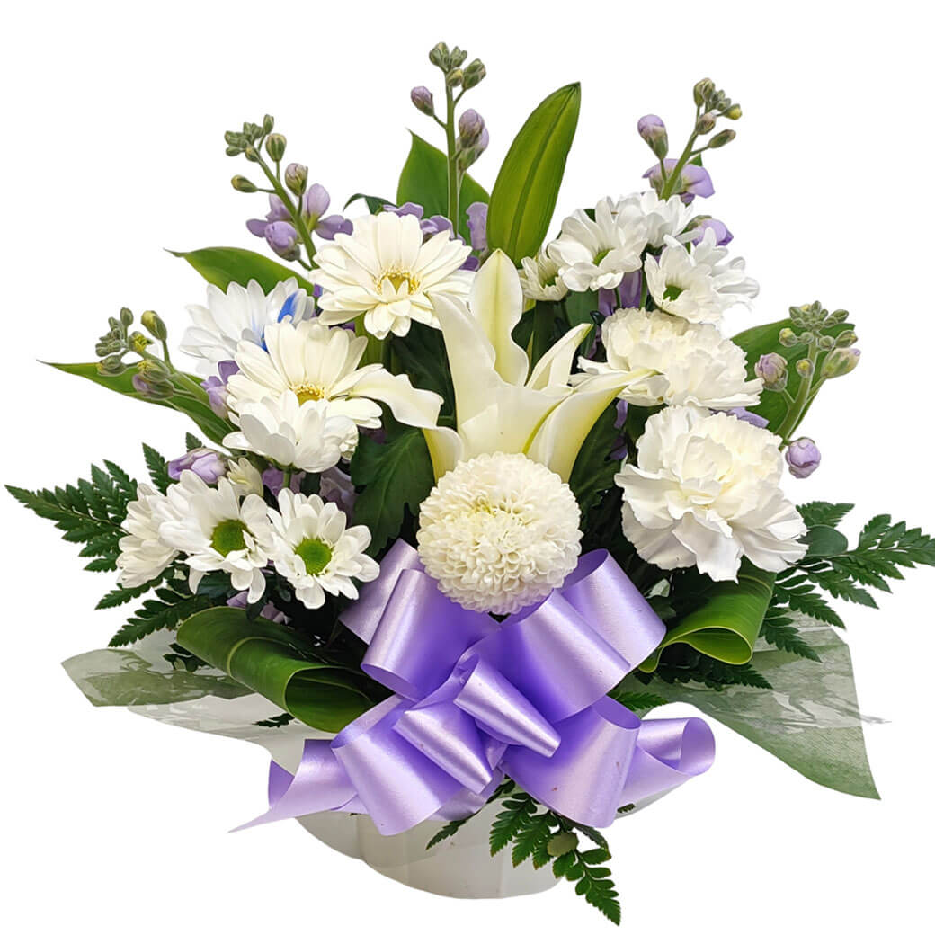 一周忌・年忌法要、命日などのお供え花に「お供えアレンジリスペクト 白&紫系」