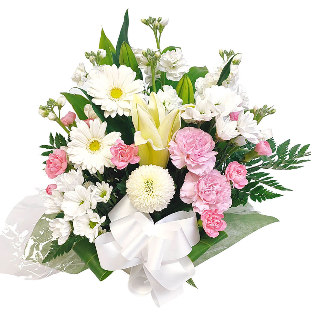一周忌・年忌法要、命日などのお供え花に「お供えアレンジリスペクト 白&ピンク系」