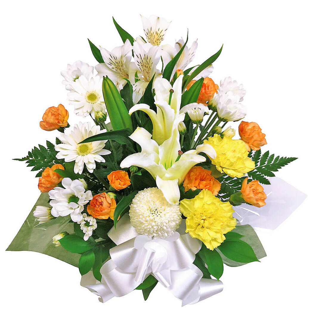 一周忌・年忌法要、命日などのお供え花に「お供えアレンジリスペクト 白&黄・オレンジ系」